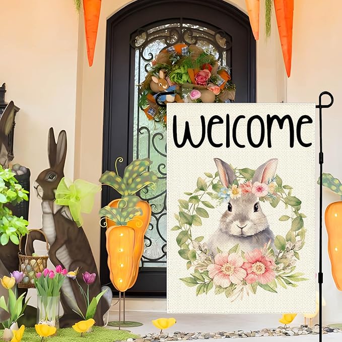 Happy Easter Wreath Bunny Garden Flag 12x18 Inch Double Sided, Easter Holiday Yard Outdoor Decoration, Outside Farmhouse Holiday Decors for Spring