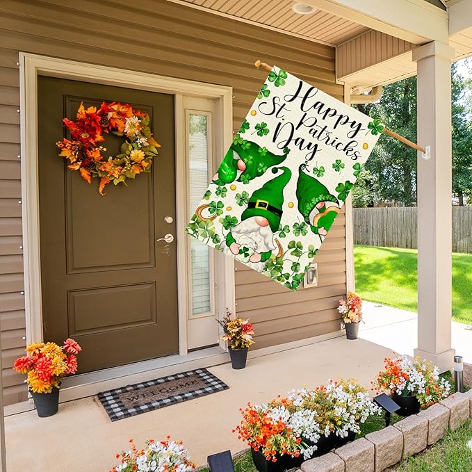 Gnomes Green Shamrocks Clovers St. Patrick's Day House Flag Large 28X40 Inch Big Vertical Double Sided Yard Outdoor Outside Holiday Decoration