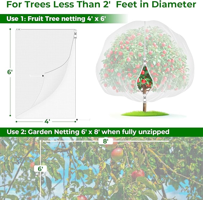 Fruit Tree Netting with 2-Way Zipper & Drawstring - 4'x6' Garden Plant Net Pest Barrier to Prevent Cicadas Bird Squirrel Deer - Bug Protection for Blueberry Tomato with Fine Mesh Insect Cover (2 Pack)