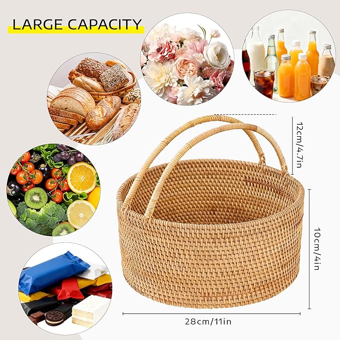 Handwoven Rattan Picnic Basket Sturdy Handles, Round Storage Organizer for Camping, Wedding, Home, Kitchen(11"×11"×4")