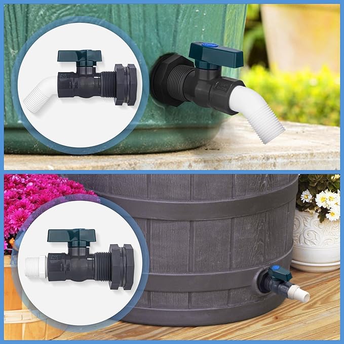 PVC Rain Barrel 45° Elbow, 3/4" Rain Barrel Valve with Bulkhead Connector and Hose Adapter, Garden Faucet Kit for Water Tanks, Aquariums, Bathtubs, Pools, Garden Buckets