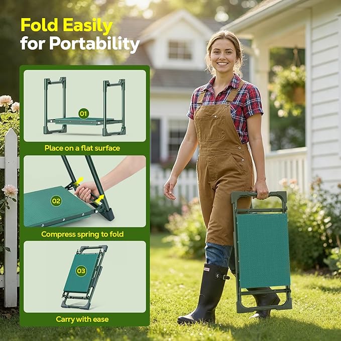 MoKo Garden Kneeler, Heavy Duty Garden Kneeler and Seat Supports up to 350Lbs, Gardening Stool with LargeTool Bag, Foldable Kneeling Stool Space Saving, Gardening Gifts for Women, Seniors, Dark Green