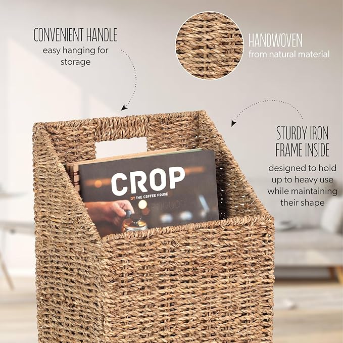 Wicker Hanging Storage Basket (10,5"Lx6,5"Wx13"H), Set of 2 Wall Baskets, Water Hyacinth Baskets, Wall Decor Hyacinth Basket Hanging for Organizing Files, Mails, Books (Seagrass)