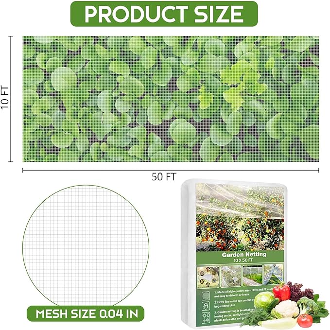 Unves Garden Netting, 10' x 50' Ultra Fine Mesh Bird Netting for Garden, Insect Mosquito Net for Patio Protection, Pests Bugs Plant Covers for Vegetable Plants Fruit Trees Berry Bushes Raised Beds