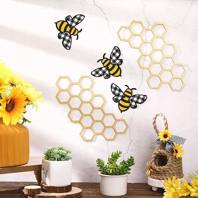Peryiter 5 Pcs Metal Bee Wall Art Farmhouse Honey Bee Honey Comb Decor Wire Metal Wall Decor Hanging for Living Room Garden Bedroom Office Home(Stylish Color)