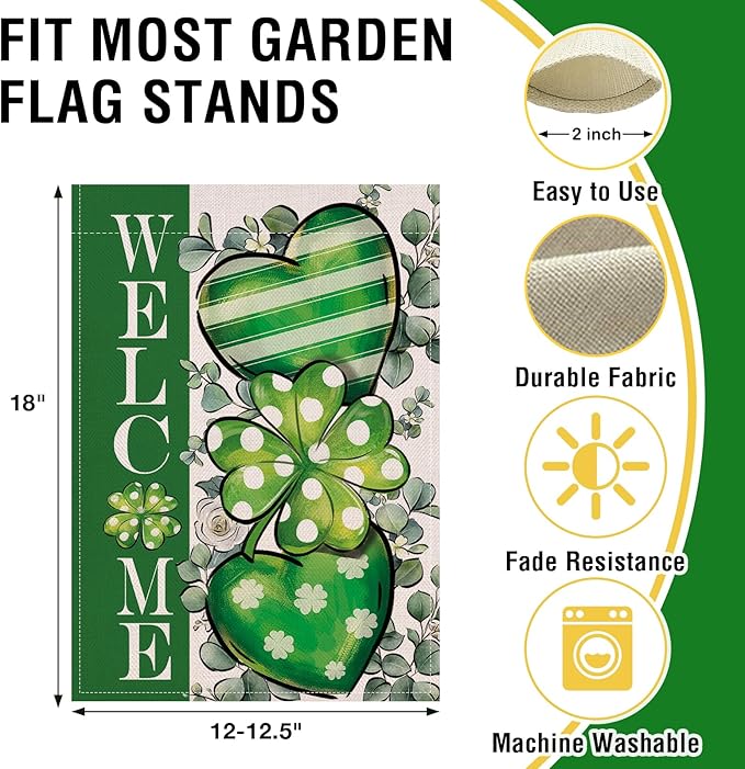 Artofy Welcome St Patricks Day Small Decorative Garden Flag, Lucky Shamrock Clover Love Heart Yard Outside Decor, Irish Spring Polka Dots Stripes Burlap Outdoor Home Decoration Double Sided 12 x 18