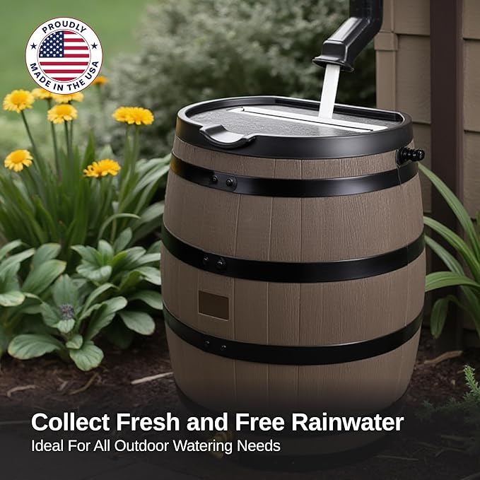 RTS Home Accents Premium 55-Gallon Rain Barrel with Removable Lid, Flat Back Rain Water Collection Barrel, Woodgrain with Black Stripes