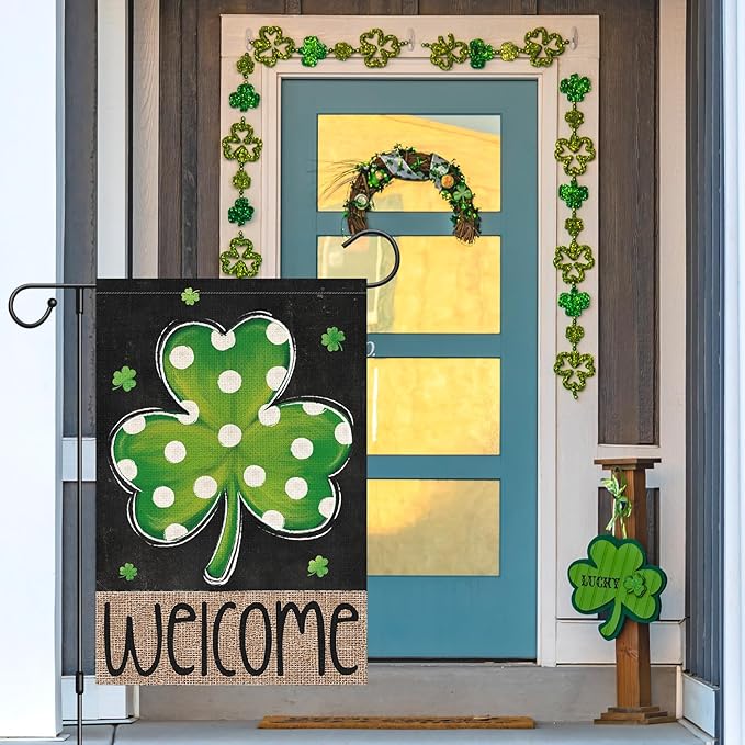 Louise Maelys St Patrick's Day Garden Flag Shamrock Welcome Double Sided 12x18 Inch Small Burlap Happy Spring Holiday Yard Outdoor Outside Home Decoration Sign