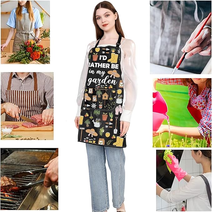JXGZSO Gardening Apron with Pockets I'd Rather Be In My Garden Apron for Gardener Florist Plant Lover Gift for Grandma Mom
