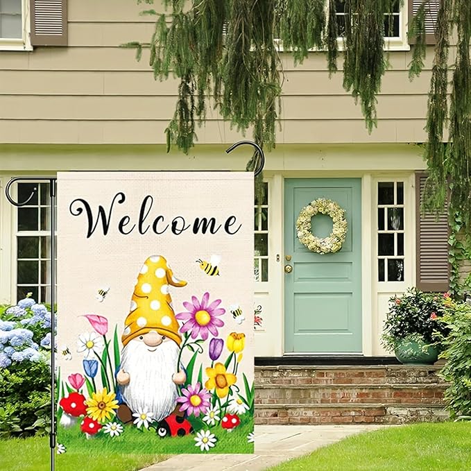 Spring Welcome Gnome Garden Flag 12 x 18 inch Double Sided Outside decorations,Flower Butterfly Small Garden Flags For Outdoor Yard Lawn