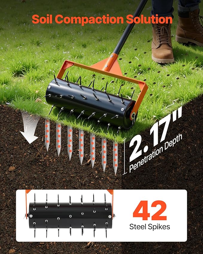 VEVOR Rolling Lawn Aerator, 15 in Manual Push Aerator Roller with 42 Spikes & 60 in Long Handle, Fillable Drum for Added Weight, Heavy-Duty Lawn Soil Penetrator for Garden Yard Compacted Soils