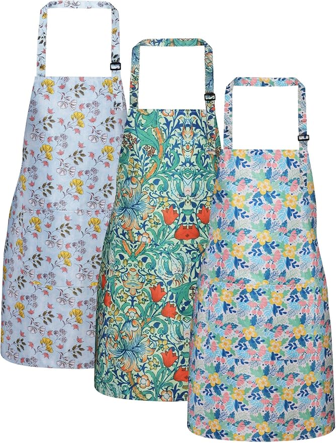 3 Pack Waterproof Floral Aprons for Women, Adjustable Strap Apronwith Pocket Multi-Use for Kitchen, Art, Garden