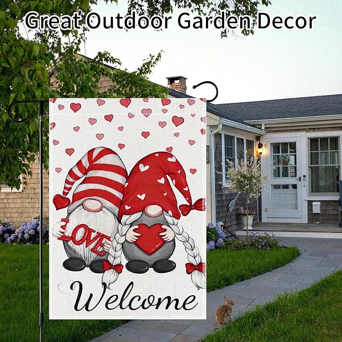 12x18 Inch Valentines Day Garden Flag Double Sided, Lovely Gnomes Yard Flag for Outdoor Decoration