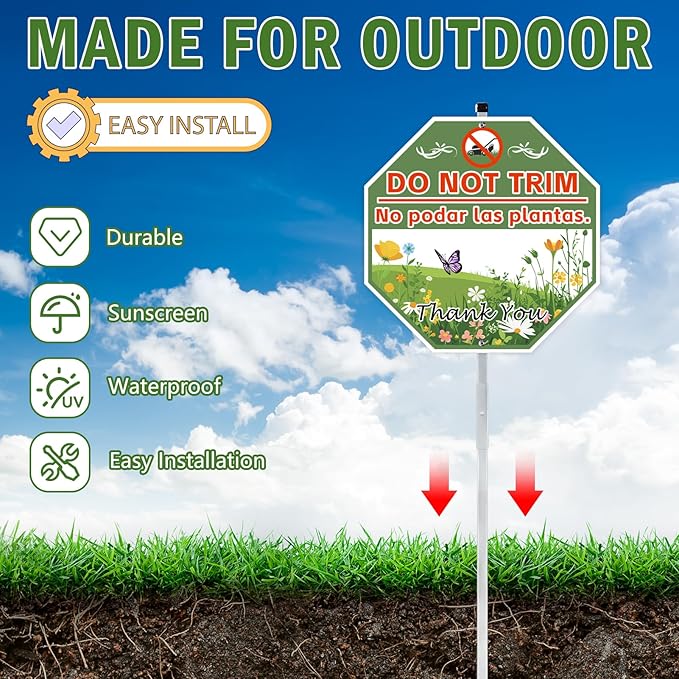 2 Pack 10" x 28" Do Not Trim Yard Signs with Stake and Accessories, Rust Free Aluminum Composite, Bilingual Garden Metal Do Not Mow Signs for Outdoor Lawn