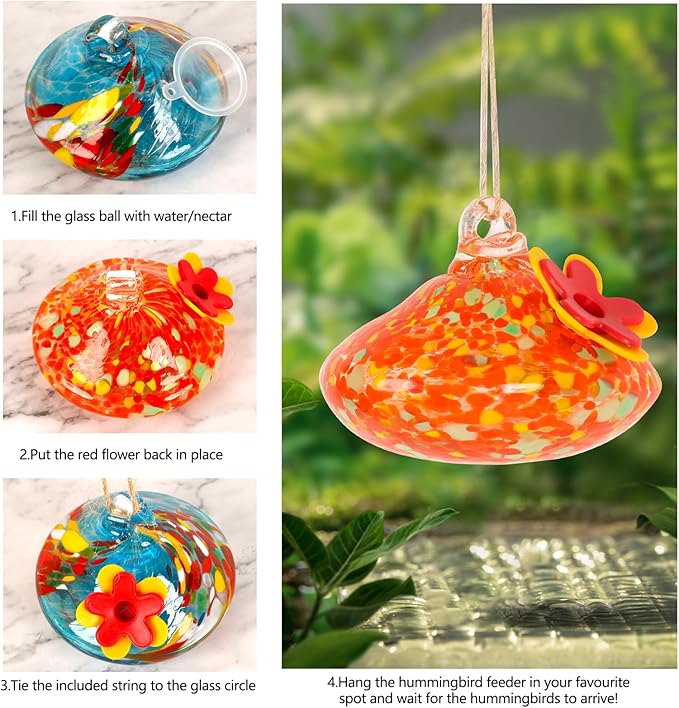 2 Pcs Blown Glass Hummingbird Feeder for Outdoors Hanging, Ant & Bee Resistant Window Bird FeederHandmade Garden Decor Gift for Women - Small Round Glass Feeders Bundle (Droplet B2)