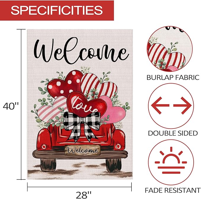 Valentines Day Flag, Valentine's Day Outdoor Decor Love Hearts Truck Yard Flag 28x40 Double Sided Red, Valentine Decorations Burlap House Flags Rustic Welcome Outdoor Farmhouse