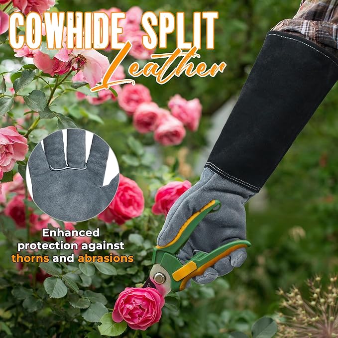HANDLANDY Long Gardening Gloves for Men & Women, Cowhide Leather Rose Pruning Gloves, Breathable Thorn Proof Gauntlet Glove (Dark Grey-Black, XL)