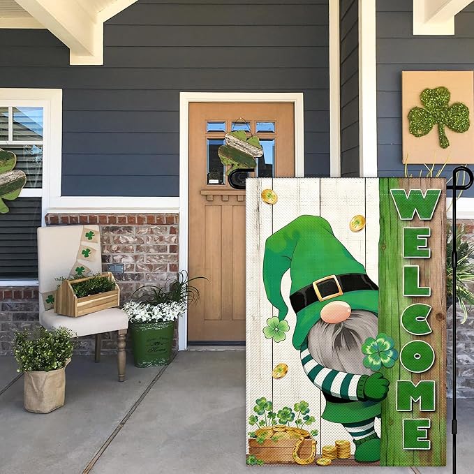 St. Patrick's Day Garden Flags for Outside 12x18 Inch Double Sided, 3 Ply Fabric Small Happy Lucky Clover Gold Coin Pot Gnome St Patricks Day Garden Flags for Outdoor Holiday Lawn Indoor Yard Welcome Sign Decoration