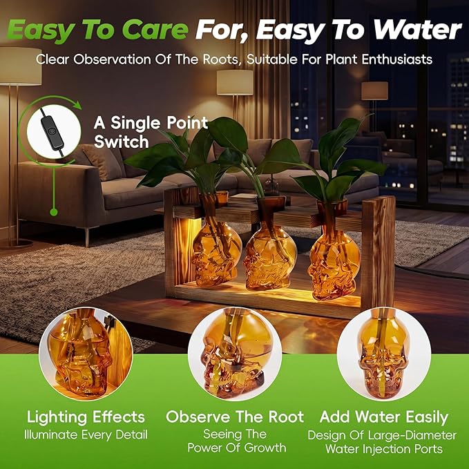 Skull Plant Propagation Station with LED Lights - Halloween Decor Skull Planter, Hydroponics Pot for Office, Unique Gifts for Women & Plant Lovers(Amber)