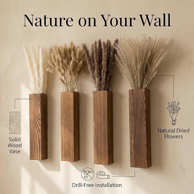 4-Piece Wooden Hanging Wall Vase Set with Pampas Grass and Eucalyptus Dried Flowers, Modern Farmhouse Home Decor for Living Room Entryway Bathroom Hallway Dining Room（Walnut）