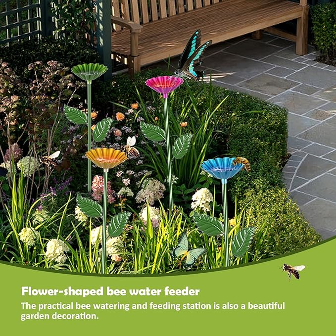 2 Pack Bee Watering Station,Colorful Metal Insect Bath Feeder for Garden, Butterfly Feeder and Bird Drinking with Flower Design, Outdoor Yard Decor (Yellow, Green)