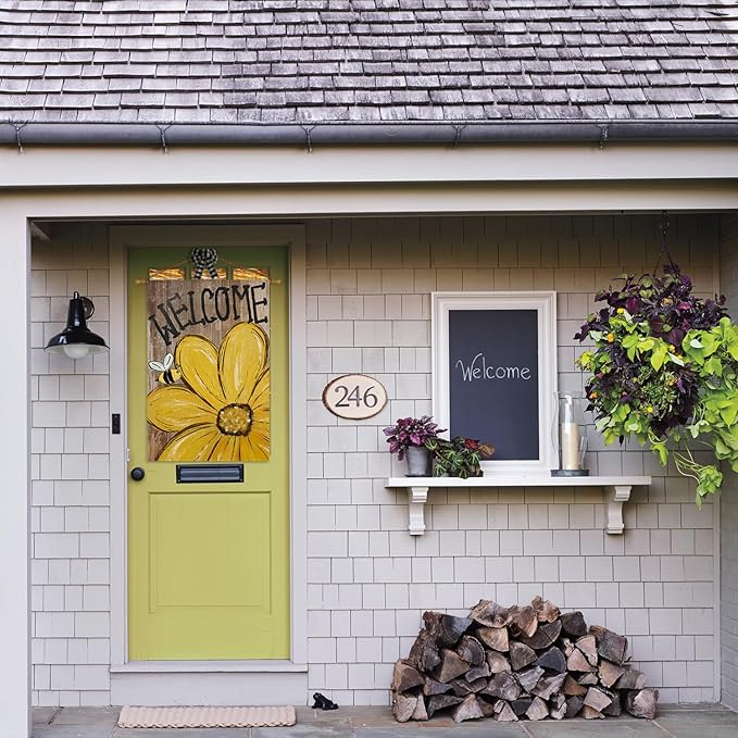 AVOIN colorlife Bee Sunflower Spring Summer House Flag 28x40 Inch Double Sided Outside, Welcome Wood Grain Yard Outdoor Flag