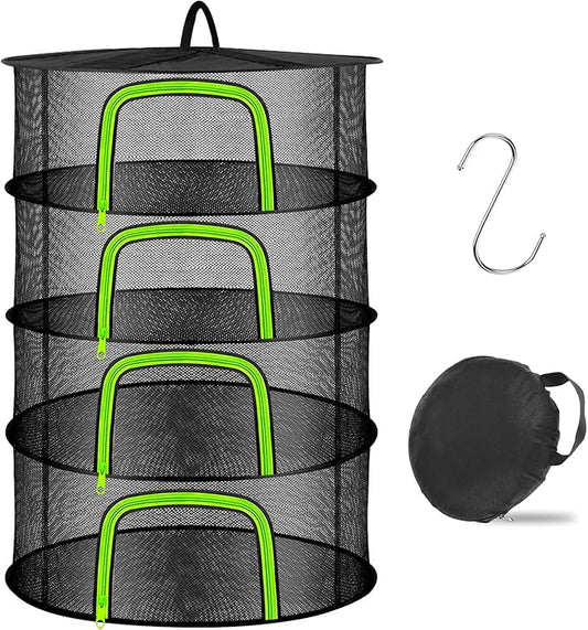 Coopache 4 Layer Herb Drying Rack Hanging Mesh Plant Dry Net Basket for Herbs Plants Flower Vegetables Spices Fish Food with Green Zippers