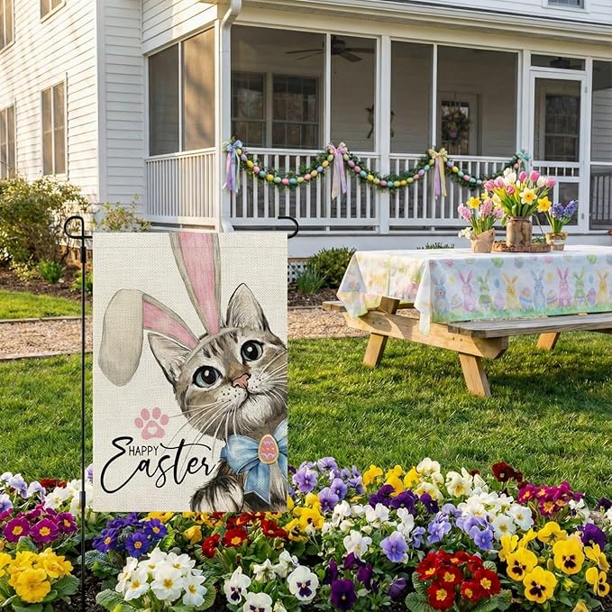 CROWNED BEAUTY Happy Easter Cat Garden Flag 12x18 Inch Double Sided for Outside Small Burlap Rabbit Ear Holiday Yard Decoration CF1729-12