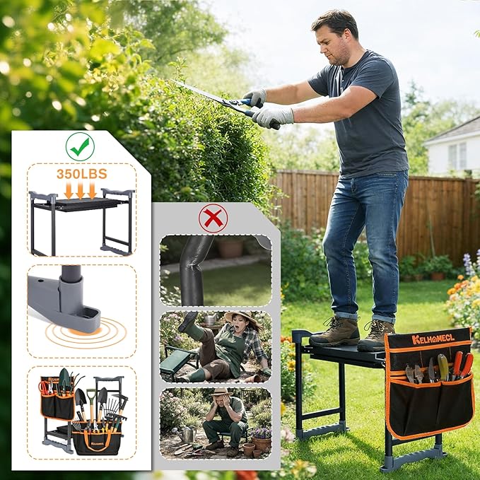 Garden Kneeler and Seat, Extra Wide Thick EVA Pad, Heavy Duty Foldable Garden Bench Holds 350lbs, Ergonomic Kneeling Stool with Garden Tool Pouches, Gardening Gifts for Women, Men & Seniors