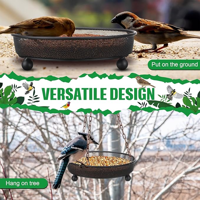 Nuogo 4 Pcs Ground Bird Feeder Tray 7 Inches Platform Bird Feeder for Outside Metal Squirrel Feeders Rust Resistant Mesh Seed Tray Garden Yard Decoration for Outdoor Wild Dove(Round)