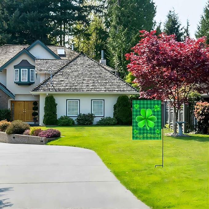 WENWELL St. Patricks Day Garden Flag 28 x 40 Inches Double Sided,Green with Cuff,Happy Saint Patrick's Day Shamrock House Banner for Home,Office,School,Yard,Party Decorations
