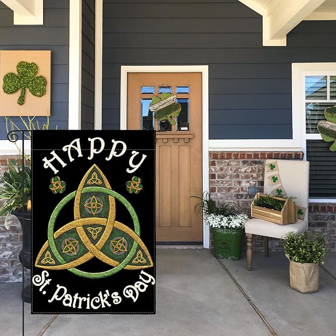 AVOIN colorlife Happy St Patricks Day Garden Flag 12x18 Inch Double Sided Outside, Trinity Shamrock Clover Yard Outdoor Decoration