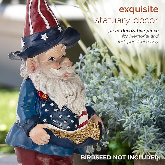 Alpine Corporation 12" Tall Outdoor Americana Garden Gnome with American Flag Bird Feeder and Yard Statue Decoration