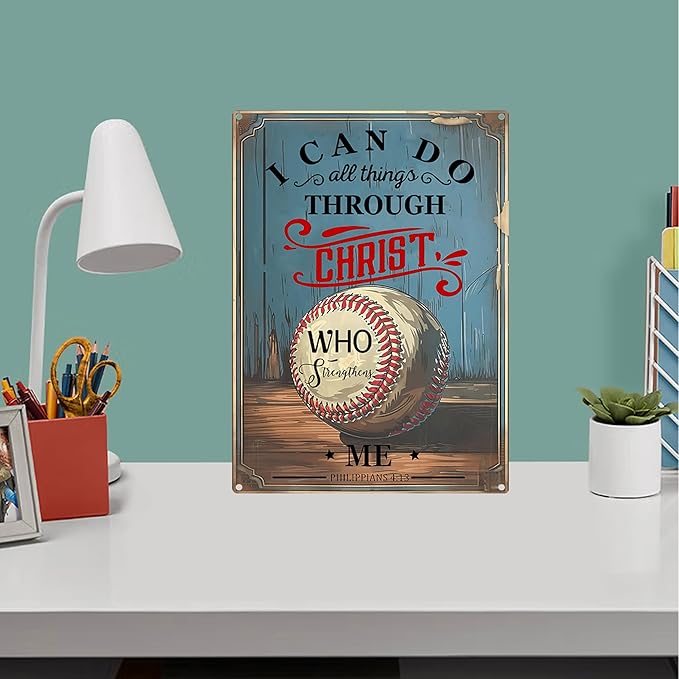 Vintage Baseball Metal Signs-Baseball Gifts for Boys 8-12,Baseball Decor for Boys Room(I Can Do All Things Through Christ Who Strengthens Me Baseball Signs) 8x12 Inch