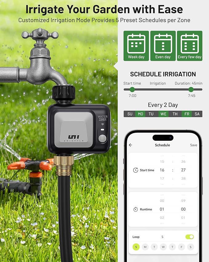WiFi Sprinkler Timer, Unistyle Programmable Smart Water Timers, WiFi Irrigation Controller with Rain Delay, Auto Mode Manual Mode, Outdoor Hose Timer for Patio Lawns, Yards and Garden