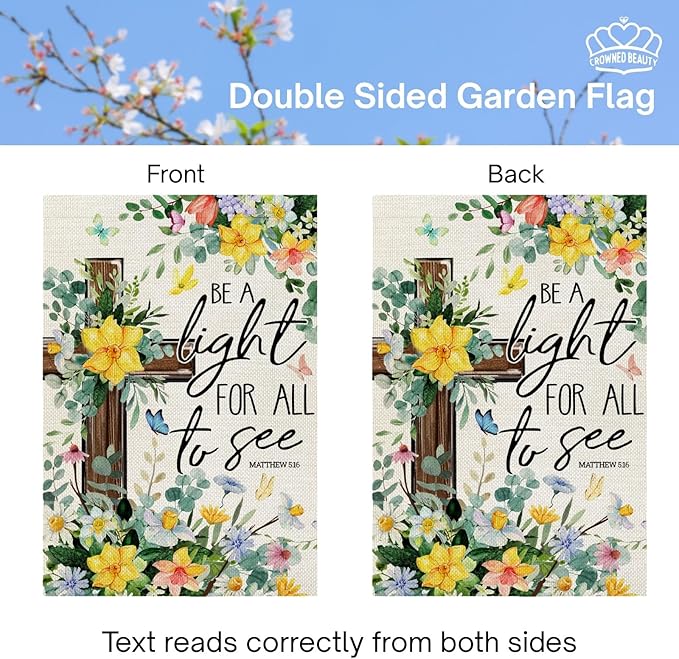 CROWNED BEAUTY Spring House Flag Floral Cross Double Sided 28x40 Inches Large Burlap Welcome Holiday Seasonal Yard Decoration for Outside Porch