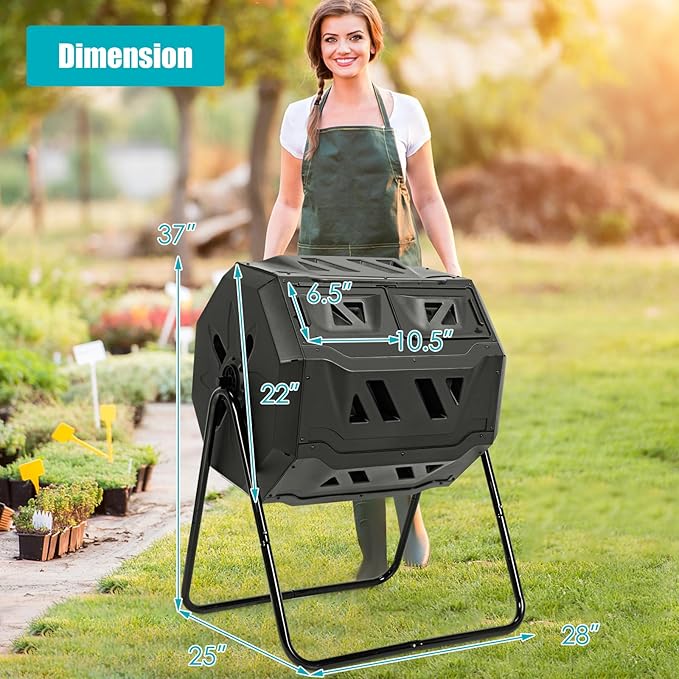 Goplus Compost Tumbler, 43 Gallon Rotating Compost Bin Barrel, Dual Chamber Tumbling Composter with Sliding Door, Gloves, Aeration System for Outdoor, Garden, Yard