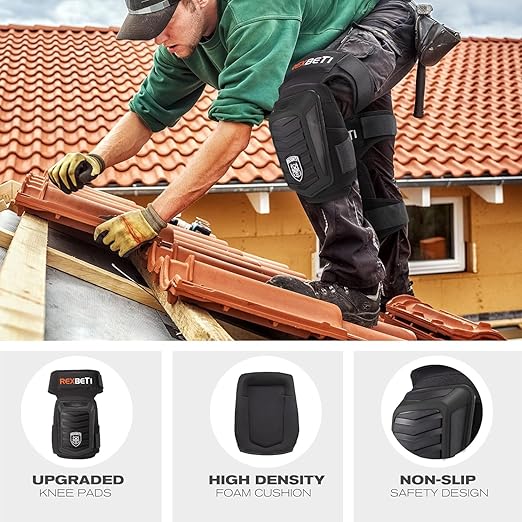 REXBETI New Upgraded Knee Pads for Work, Construction Knee Pads for Men, Heavy Duty Comfortable Anti-Slip Foam Gel Knee Pads for Gardening Flooring and Cleaning, Extra 4 Extension Straps, Black