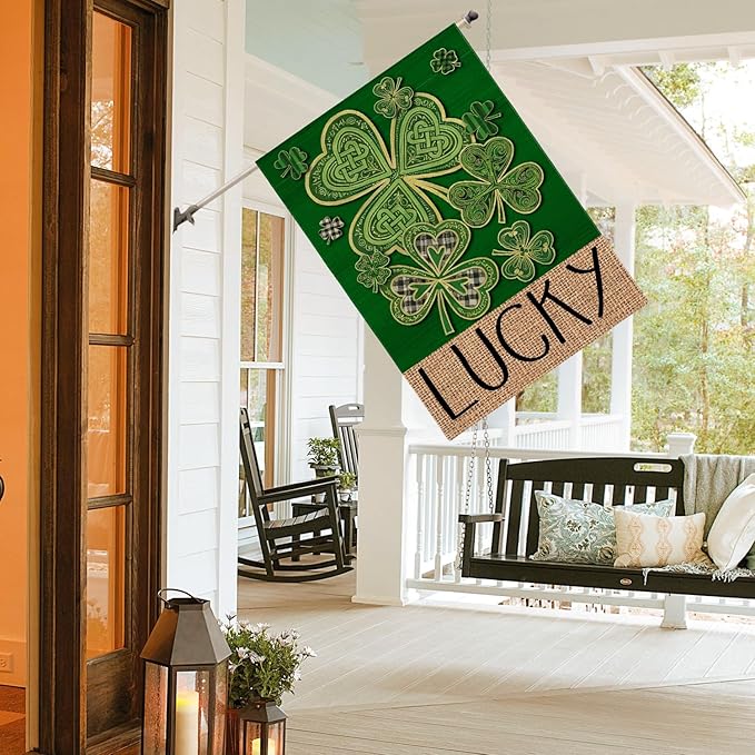 AVOIN colorlife St Patricks Day House Flag 28x40 Inch Double Sided Outside, Lucky Shamrock Clover Irish Floral Yard Outdoor Flag