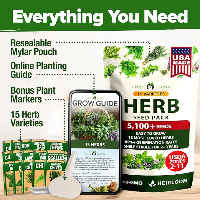 HOME GROWN Herb Seeds for Planting 15-Pack Massive Seed Count 5,100+ Seeds Non-GMO Heirloom | Extra Large | Culinary Herb Kit, Indoor Outdoor & Hydroponic | Grow Your Own Herbs | Gardening Gift
