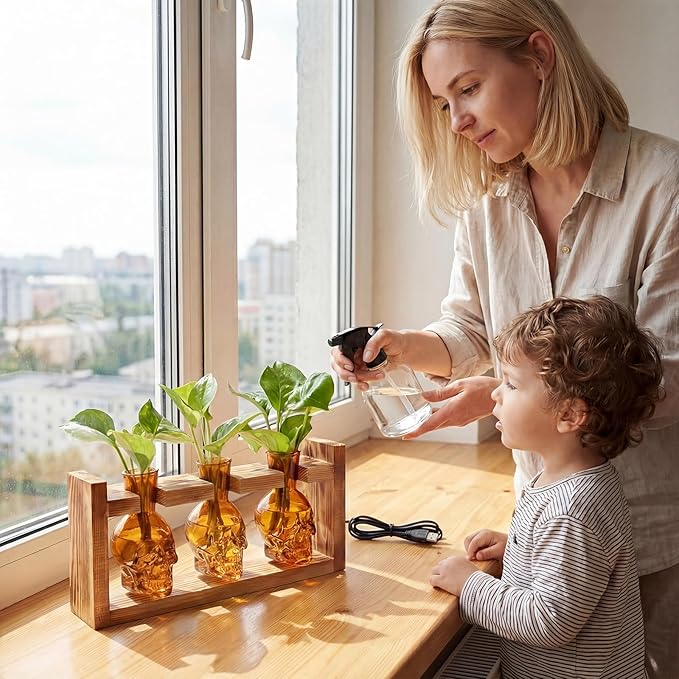 Skull Plant Propagation Station with LED Lights - Halloween Decor Skull Planter, Hydroponics Pot for Office, Unique Gifts for Women & Plant Lovers(Amber)