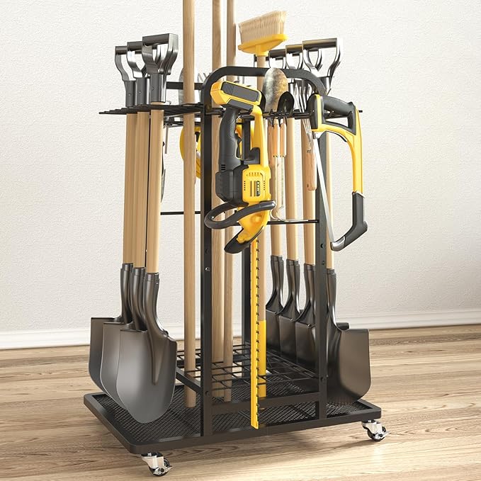 SOYEEZE Garden Tool Organizer with Lockable Wheels, Heavy Duty 3-Tier Yard Tower Tool Rack for Garage, Holds Up to 35 Long-Handled Tools, Garden Tool Cart with 12 Hooks for Tool Organization Storage