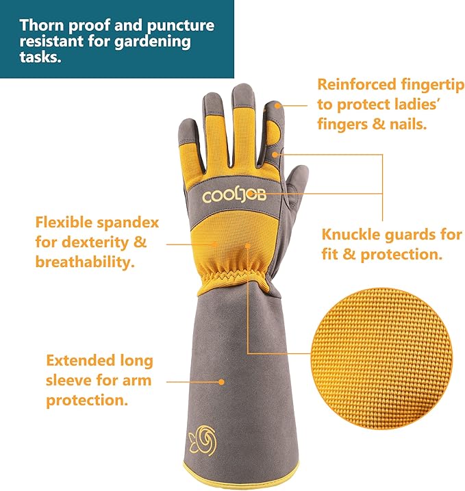 COOLJOB Thorn Proof Rose Pruning Garden Gloves for Women, Long Sleeve Padded Yard Work for Bush, Blackberry, Cactus, Heavy Duty/Puncture Resistant/Machine Washable, Large, Yellow