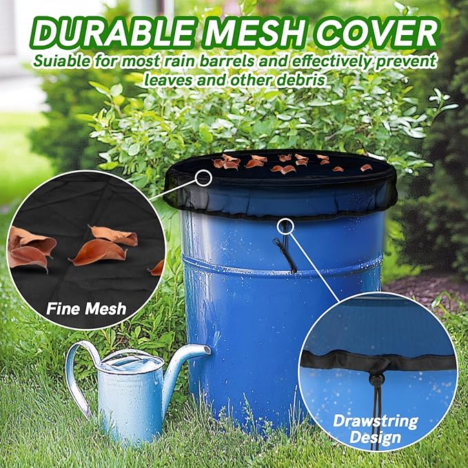 Mesh Cover for Rain Barrel - 37.4 Inch Fine Mesh Water Barrel Screen with Drawstring, Reusable Water Collection Buckets Net for Preventing Fallen Leaves Debris Small Objects in Outdoor Garden