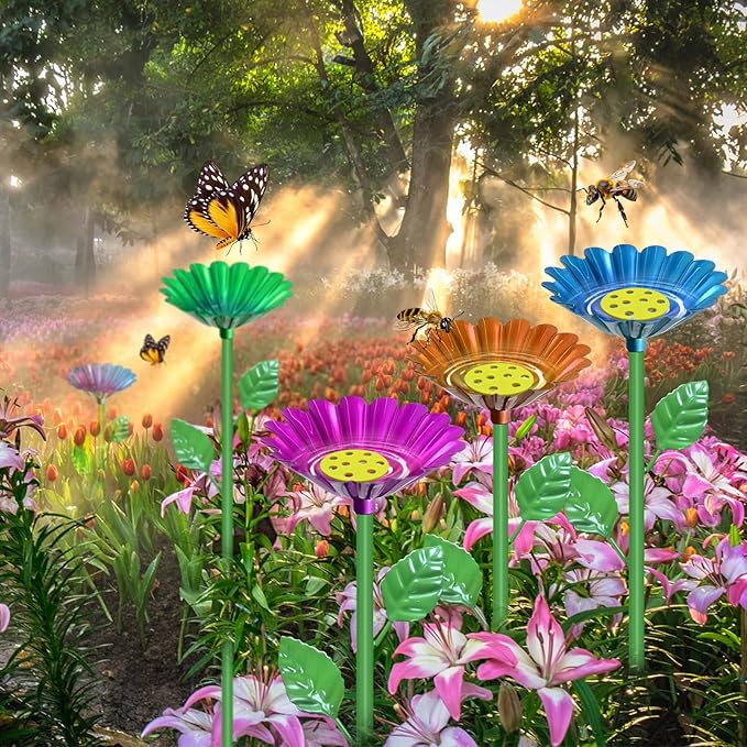 4 Pack Bee Watering Station for Garden with Floating Flowers Butterfly Bee Feeder for Outside Outdoors Metal Bee Water Bath Station Stakes Walkways for Bees Garden Thirsty Pollinators