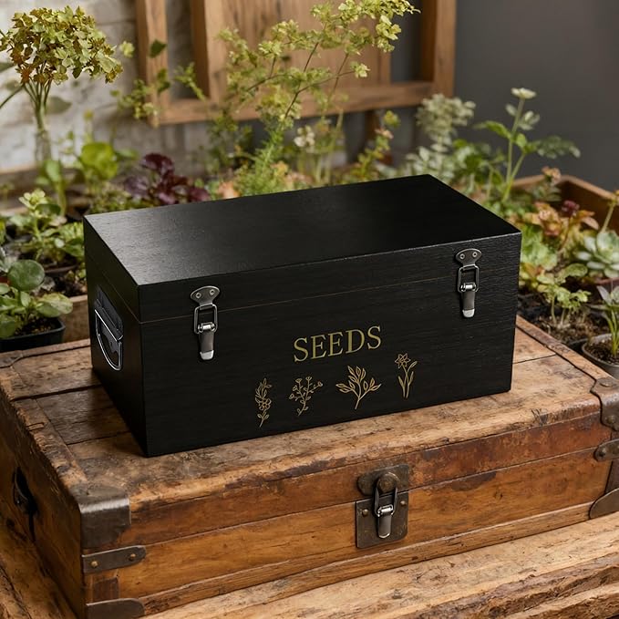 Bamboo Seed Storage Organizer, Large Garden Seed Organizer with Lid & Safety Lock & Handles, Seed Box Storage Organizer Includes Seed Envelopes and Labels etc, Great Gifts Gardening Kit (Black)