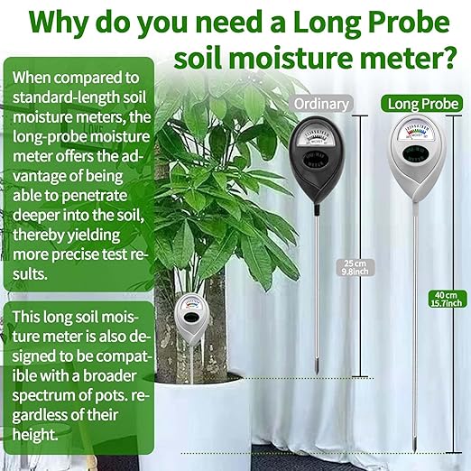Soil Moisture Meter Sensor Long Probe Deep Use, Water Monitor Indicator, Hygrometer for Outdoor Indoor Large Pot Plants, Flower, Gardening, Farming, 2 Pack