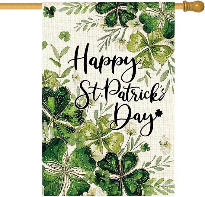 AVOIN colorlife Happy St Patricks Day Floral House Flag 28x40 Inch Double Sided Outside, Shamrock Lucky Clover Holiday Yard Outdoor Flag