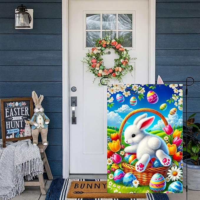 Happy Easter Egg Bunny Garden Flag 12 x 18 inch Double Sided Outside decorations,Spring Flower Small Garden Flags For Outdoor Yard Lawn