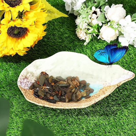 Butterfly Watering Station Outdoor Bee Feeder Watering Butterfly Puddler Stone with Mineral River Rock, Lawn Decoration Insects Ceramic Bowl, Bee Water Station Home Yard Garden